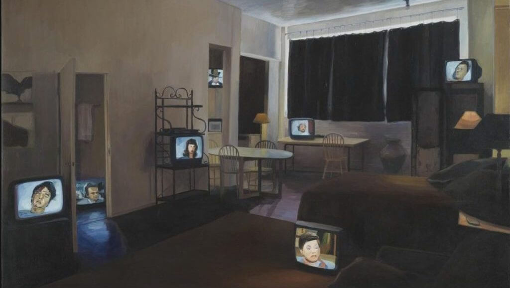 Cover photo of "Page 70" project, it is a painting of a room with multiple television screens, put in different areas of the room showing portraits.