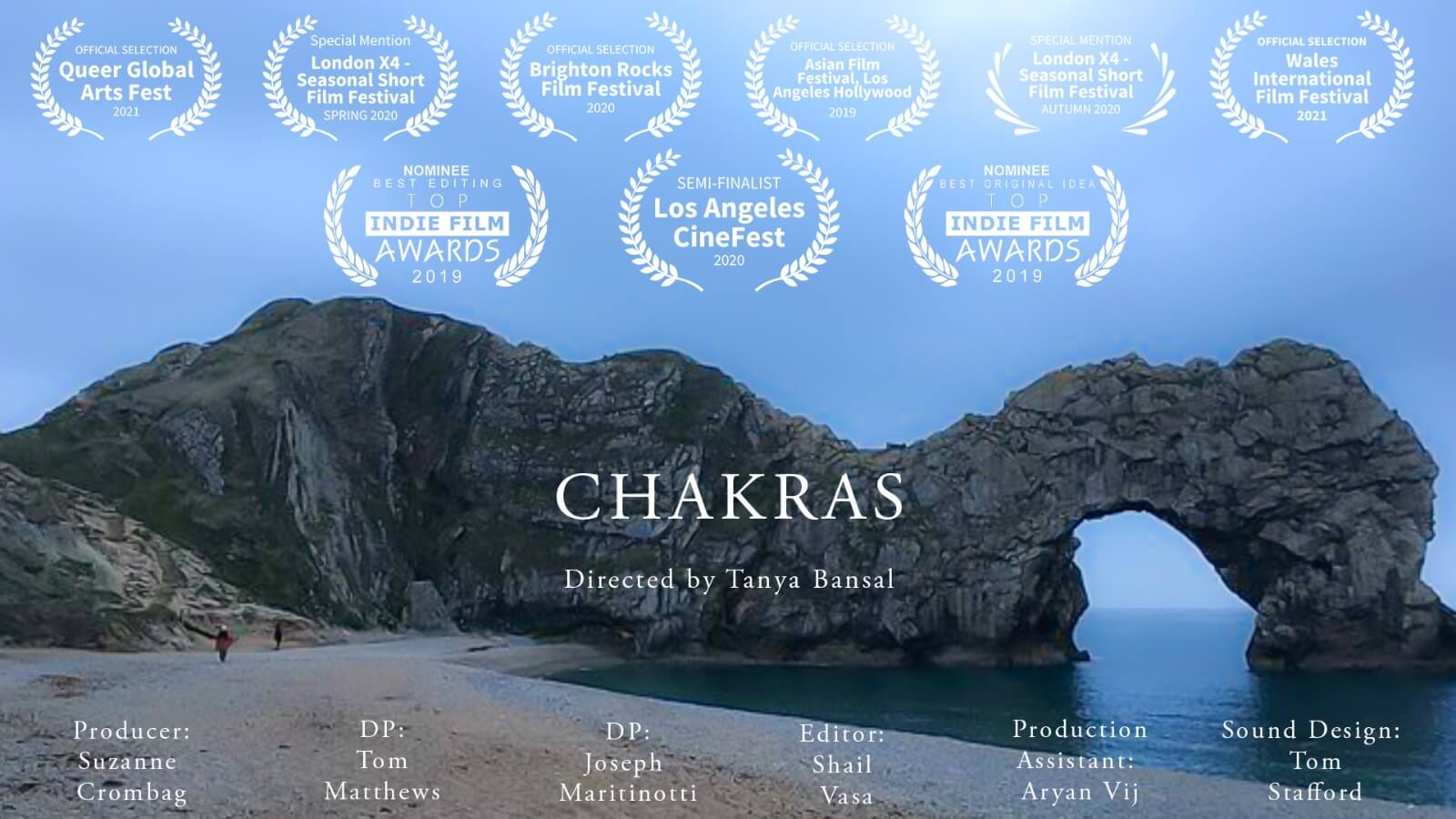 Cover photo of "Chakras" a short film which shows a beach landscape with all the selection and nomination laurels from multiple film festivals and the credits for creators